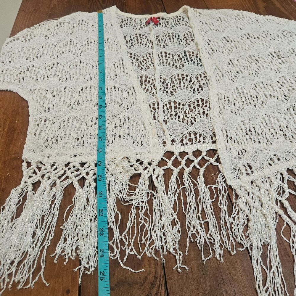 Red Camel Cream Crochet Open Front Top Sz S Fringe Boho Festival Layer Hippie - Picture 5 of 9